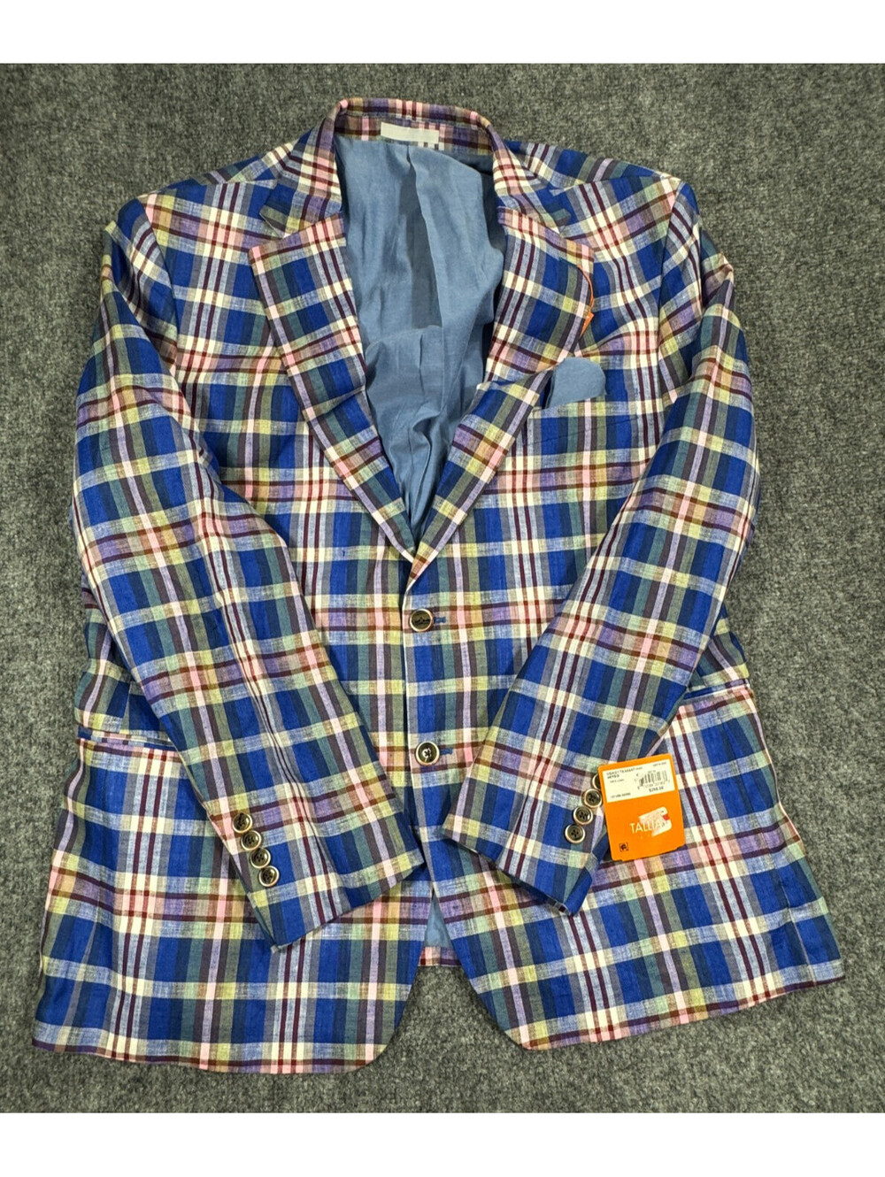 Tallia Men's Blazer Size 46R Blue Royal Plaid Linen Jacket